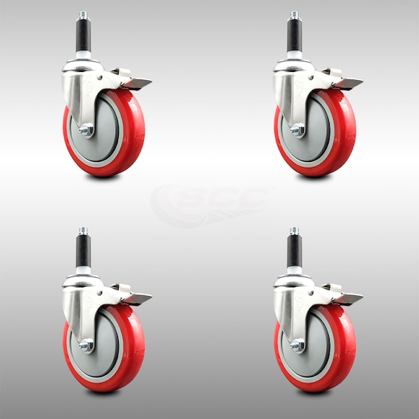Service Caster 5 Inch 316SS Red Poly Swivel 3/4 Inch Expanding Stem Caster Set Lock Brake SCC-SS316TTLEX20S514-PPUB-RED-34-4 - main